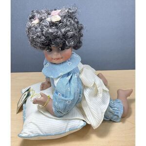 Vintage GEPPEDDO African American Porcelain Jointed Doll‎ On Pillow
